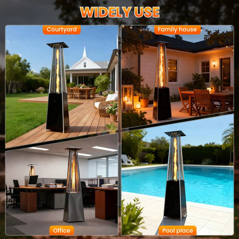Glass Tube Replacement For Patio Heaters, 49.5 Inch Tall By 4 Inch Diameter, Includes Neoprene Ring shown in various outdoor settings.