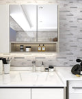 Peel And Stick Stone And Metal Tile Backsplash For Kitchen Bathroom And Fireplace 10 Sheets In Bright Carla White No Grout Needed Easy Diy Renovation With Real Look installed in modern bathroom.