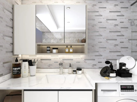 Peel And Stick Stone And Metal Tile Backsplash For Kitchen Bathroom And Fireplace 10 Sheets In Bright Carla White No Grout Needed Easy Diy Renovation With Real Look installed in modern bathroom.