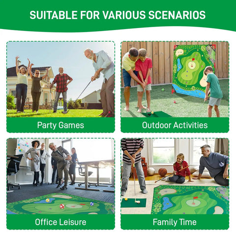 Vertical Golf Chipping Game With Stand Upgrade 54 By 54 Inch Hitting Mat used for parties, outdoor fun, office, and family time.