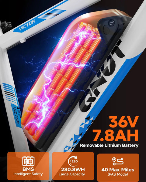 High Power 1000W Electric Mountain Bike showing 36V 7.8Ah removable battery detail
