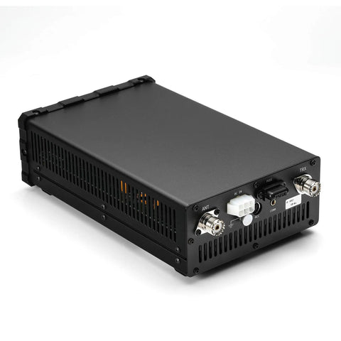 XPA125B 100W Power Amplifier With Auto Antenna Tuner And Large Display Screen, rear view with connection ports, black metal case