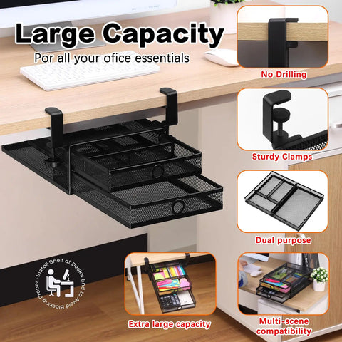 Under Desk And Desktop Drawer Organizer With 2 Tier Metal Slide Out Drawers In Black attached under desk with C-clamp