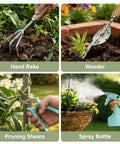 Light Green 10 Piece Garden Tool Set With Trowel Hoe Shovel And Rake For Indoor And Outdoor Gardening in use.
