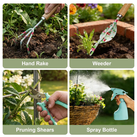 Light Green 10 Piece Garden Tool Set With Trowel Hoe Shovel And Rake For Indoor And Outdoor Gardening in use.