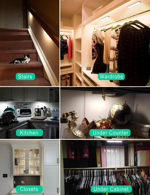Under Cabinet Lighting Kit With Remote And Touch Switch No Fuss 20 LED USB Rechargeable Dimmable Lights illuminating various spaces