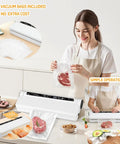 Woman using Powerful 75KPa Vacuum Sealer for food with digital timer, sealing steak effortlessly, includes 20 bags, meal prep made easy.