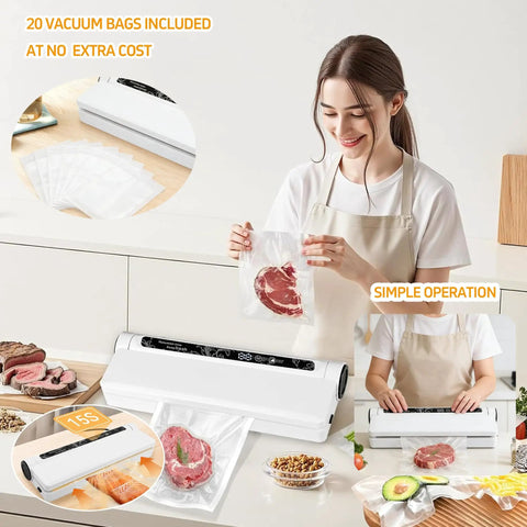 Woman using Powerful 75KPa Vacuum Sealer for food with digital timer, sealing steak effortlessly, includes 20 bags, meal prep made easy.