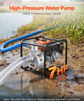 Heavy Duty 7HP Gas Powered Water Pump Pulling 242 GPM Through 3 Inch Intake Featuring A Knockout Cast Iron Impeller Plus 25 Foot Discharge Hose Built Real Tough For Yard Draining in a muddy field.