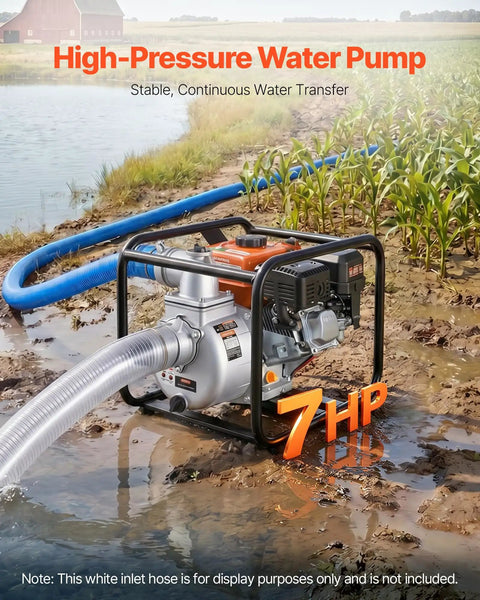 Heavy Duty 7HP Gas Powered Water Pump Pulling 242 GPM Through 3 Inch Intake Featuring A Knockout Cast Iron Impeller Plus 25 Foot Discharge Hose Built Real Tough For Yard Draining in a muddy field.