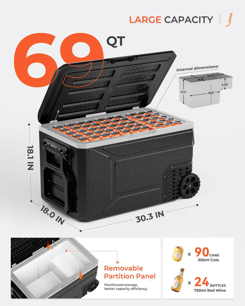 Massive 69 Quart 12V Portable Refrigerator And Freezer Cart Riding On Tough Off Road Wheels With Separate Food Zones Built Straight For Weekend Warriors And Backroad Adventure Crews showing open lid and partition