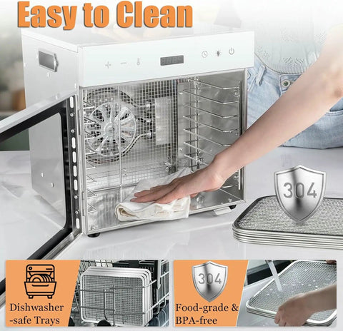 Big Batch 18 Tray Food Dehydrator With Straight Up Precise Temp Control And Adjustable Timer, showing easy to clean 304 stainless steel trays.
