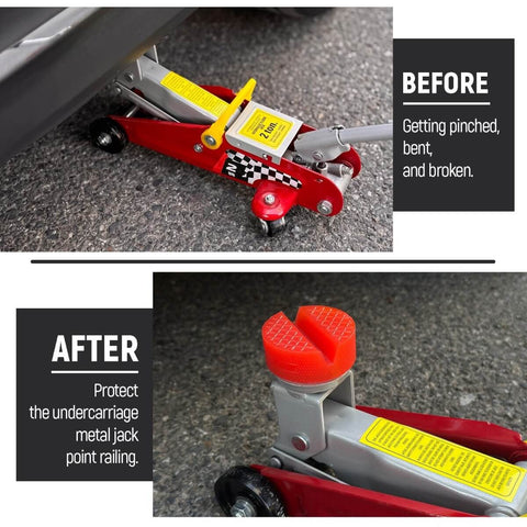 Beefy Heavy Duty Polyethylene Jack Pad Set For Trolley Floor Jacks installed showing before and after use with red pads