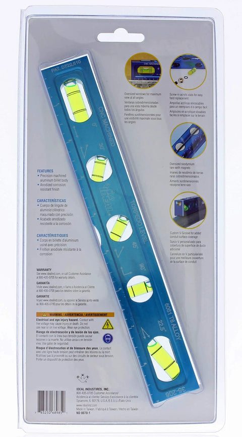 Package back of Electrician Level With CNC Machined Aluminum Body Five Acrylic Vials Magnetic Jaw For Tight Spaces And Conduit Installations Pro Grade Alignment Tool Kit