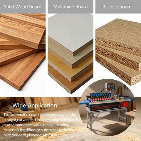 Knockout Automatic Woodworking Edge Bander For Curved And Straight Boards Dual Hot Melt Glue Adjustable Speed Auto Tape Break 110V with solid, melamine, and particle boards.