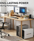 Lithium UPS Backup Power Station 1000VA 800W Sinewave Output LiFePO4 230Wh next to a desk setup with monitors and PC in home office
