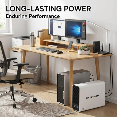 Long-Life LiFePO4 UPS With Pure Sine Wave 1000VA 800W Battery Backup And Surge Protector under desk in home office