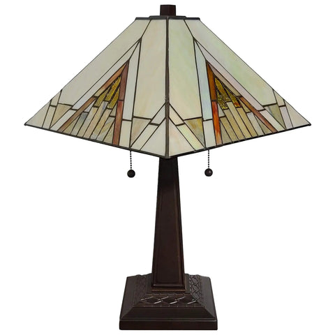 Stained Glass Mission Table Lamp In Tan Brown Finish, Totally Timeless Vintage Vibe, 23 Inch Tall Nightstand Light, Handmade Gift AM348TL14.