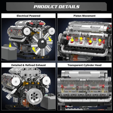 DIY Mini V8 Engine Model Kit with 535 Pieces for Teens and Adults Hands On Functional Engine Build STEM Learning Set Educational Hobby Gift for Mechanics Fans and Makers, transparent detail view