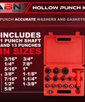 Image of Pro Grade Hollow Punch Kit For Leather And Gasket Making, 13 punch heads and case, showing sizes 3/16 to 1-3/8 inches for DIY projects.