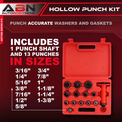 Image of Pro Grade Hollow Punch Kit For Leather And Gasket Making, 13 punch heads and case, showing sizes 3/16 to 1-3/8 inches for DIY projects.