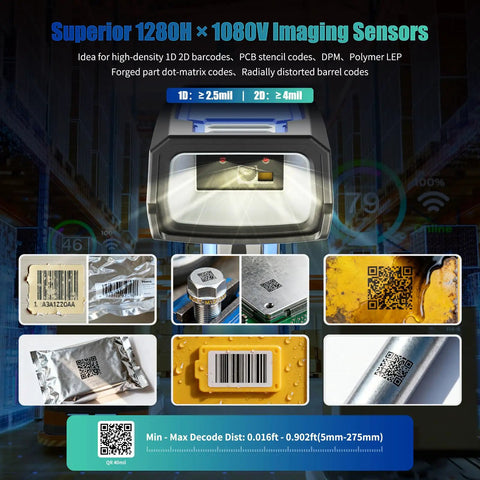 Image of Rock Solid Wireless Barcode Scanner With Charging Stand, Badass Dpm Reader For Laser Etched Surfaces, Ip67 Waterproof Heavy Duty Wireless Scanning Device showcasing various barcode scanning capabilities.