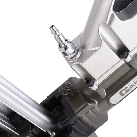 Close-up of the air connector on Built Tough Air Powered 18 Gauge L Cleat Flooring Nailer for hardwood flooring installation.