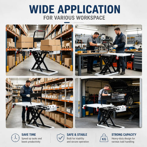 No Sweat Workhorse Electric Lift Table Cart With Automatic Hydraulic Pump And Tough 48 Volt Motor For Moving Up To 660 Pounds Smoothly Across Active Warehouse Floors Daily