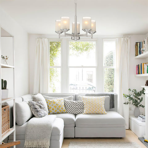 Modern Farmhouse 19 Inch 5 Light Chandelier in Brushed Nickel Finish with Frosted White Linen Glass Shades in living room setting