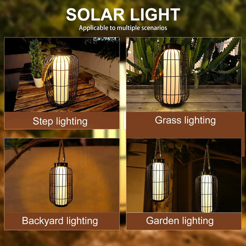 Big Solar Powered Lantern for Outdoor Use placed on a wooden table surrounded by plants for tabletop decor lighting.