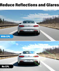 Comparison showing car footage with and without CPL Anti-Glare Filter For F7NP And F7N Dash Cams, Circular Polarizer Lens Cuts Glare.