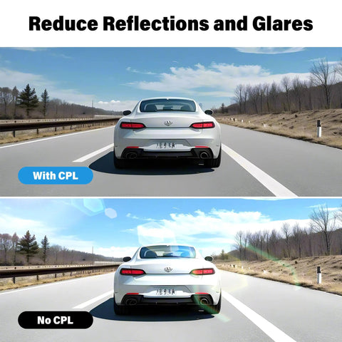 Comparison showing car footage with and without CPL Anti-Glare Filter For F7NP And F7N Dash Cams, Circular Polarizer Lens Cuts Glare.