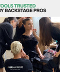 Backstage makeup session with tools and professionals preparing a model for an event.