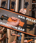 15 Inch Flat Bar Pry Bar with Patented Wide Winged Ends in use for nail pulling and demolition, high carbon steel with orange grip