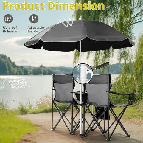 Two Person Folding Camping Chair With Adjustable Umbrella Built In Cooler And Beverage Holder Detachable Side Table
