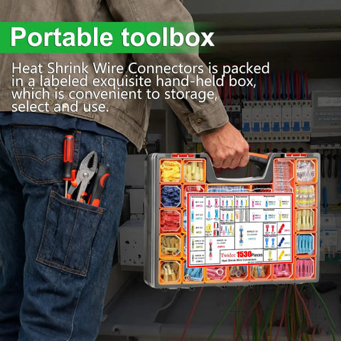 Person holding portable toolbox of All In One Waterproof Heavy Duty Heat Shrink Wire Connector Kit with Copper Lugs Insulated Spade