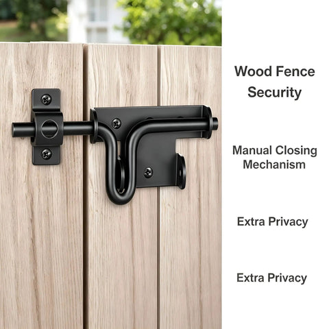 Heavy Duty Steel Gate Slide Bolt Latch Features Black Powder Coated Finish For Hella Secure Rust Resistant Outdoor Protection On Wooden Fencing, mounted on wood.