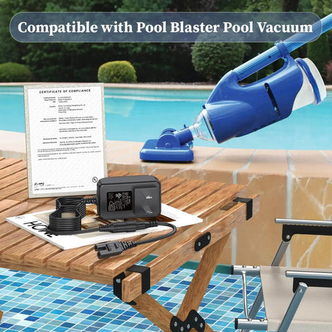 8.4V Charger For Pool Blaster And Catfish Li Series Replacement AC Adapter on table near pool vacuum