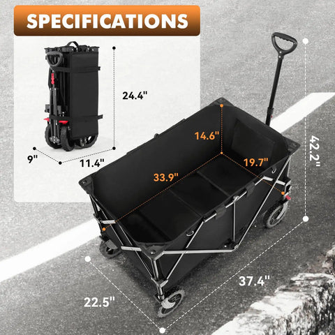Side view of a black Collapsible Wagon With 330 Lbs Capacity, Extra Large 200L Cargo Space, All Terrain Wheels, folded and extended.