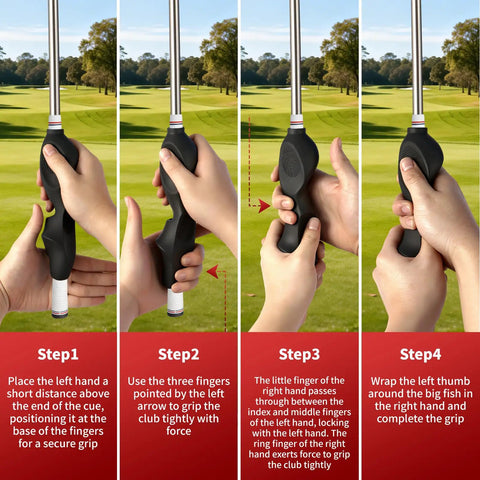 Silicone Full Coverage Golf Swing Grip Trainer For Right Handed Golfers shown in four grip adjustment steps on a golf course.