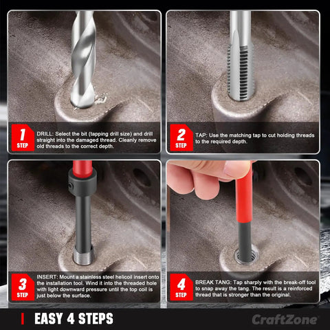 Gearhead Friendly Thread Repair Kit For Auto Shop Use with drill, tap, helicoil insert, and break tang steps shown