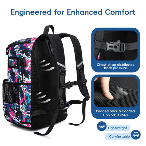 Youth Lacrosse Backpack With Secure Helmet Slot And Separate Shoe Compartment, Waterproof Team Gear Bag For Boys And Girls, Ventilated Mesh Back, Game Day Ready Solid Haul, showing padded back and shoulder straps.