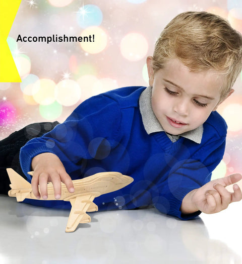 Child with 747 Jet Plane 3D Wood Puzzle Kit Build Paint And Display Your DIY Airplane Model, Fun Educational Craft Hobby for Kids