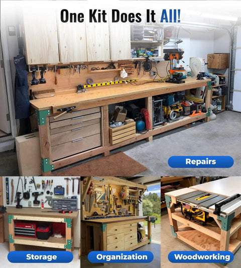 Heavy Duty Workbench Bracket Kit 8 Pack 4mm Steel Corner Brackets For 2x4 Lumber in a garage workbench setup