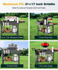 Portable Outdoor Grill Table Cart With Wheels, Heavy Duty Folding Stand Fits Up To 31 Inch Wide By 17 Inch Deep Griddles Or Pizza Ovens shown with various outdoor grills and ovens.