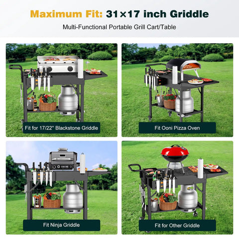 Portable Outdoor Grill Table Cart With Wheels, Heavy Duty Folding Stand Fits Up To 31 Inch Wide By 17 Inch Deep Griddles Or Pizza Ovens shown with various outdoor grills and ovens.