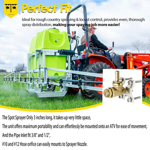 ATV with mounted boomless spray nozzle for ATV sprayers with brass size 10 and size 12 orifices, showing lawn and farm use