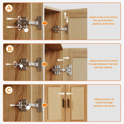 Details of hinge adjustments for Rattan Buffet Cabinet With Storage Galore And Adjustable Shelves For Kitchen Living Room And Dining Room Farmhouse Modern Wood Sideboard Cupboard For Coffee Bar Station.