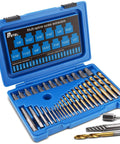 35 Pc Drill Bit Set With Multi Spline Bolt Extractors And Left Hand Cobalt Drill Bits In Blue, open case showing contents.