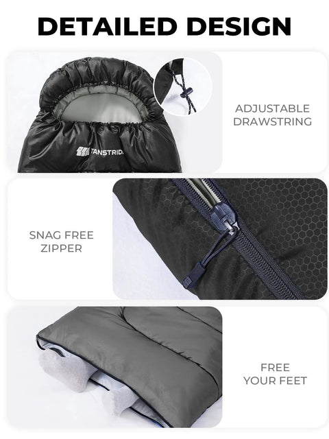 Detailed design of Lightweight 3lb Backpacking Sleeping Bag For Adults And Kids With Compression Sack, features drawstring and zipper.